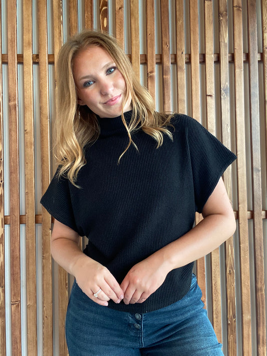 Mock Neck Short Sleeve Sweater - Black