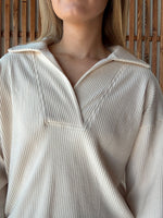 Ribbed Knit Collared Pullover Top - Ecru