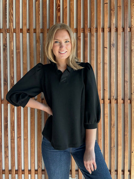 Luxeknit Ruffle Neck Puff Sleeve Blouse - Black