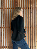 Luxeknit Ruffle Neck Puff Sleeve Blouse - Black