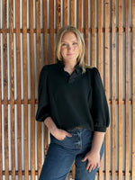 Luxeknit Ruffle Neck Puff Sleeve Blouse - Black