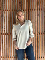 Luxeknit Ruffle Neck Puff Sleeve Blouse - Ecru