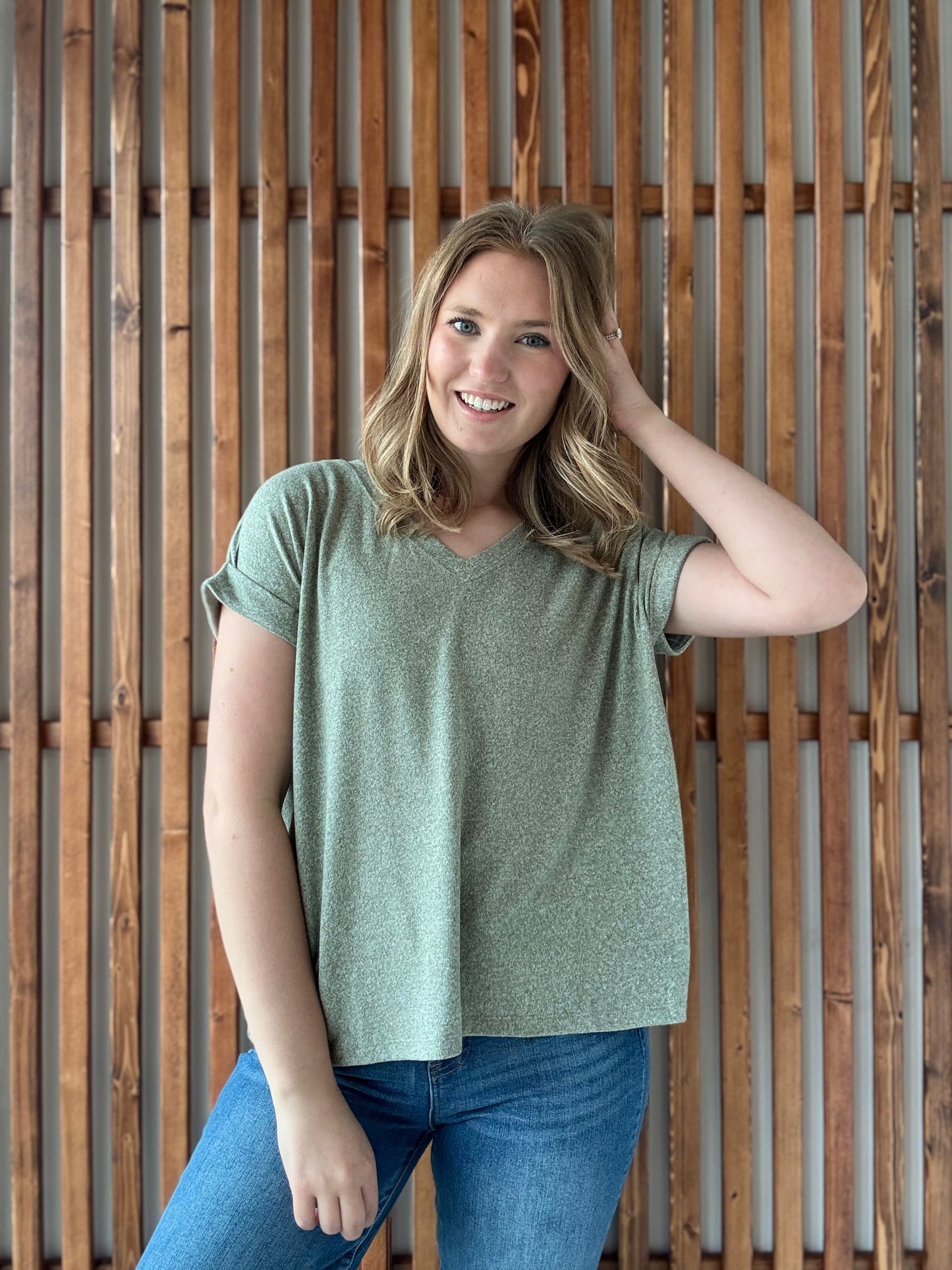 Soft Melange Hacci V-Neck Tee - Light Olive
