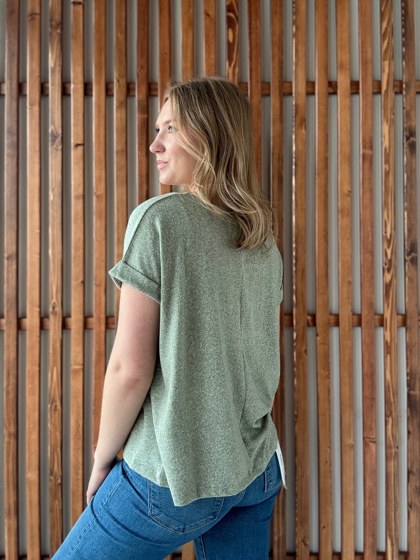 Soft Melange Hacci V-Neck Tee - Light Olive