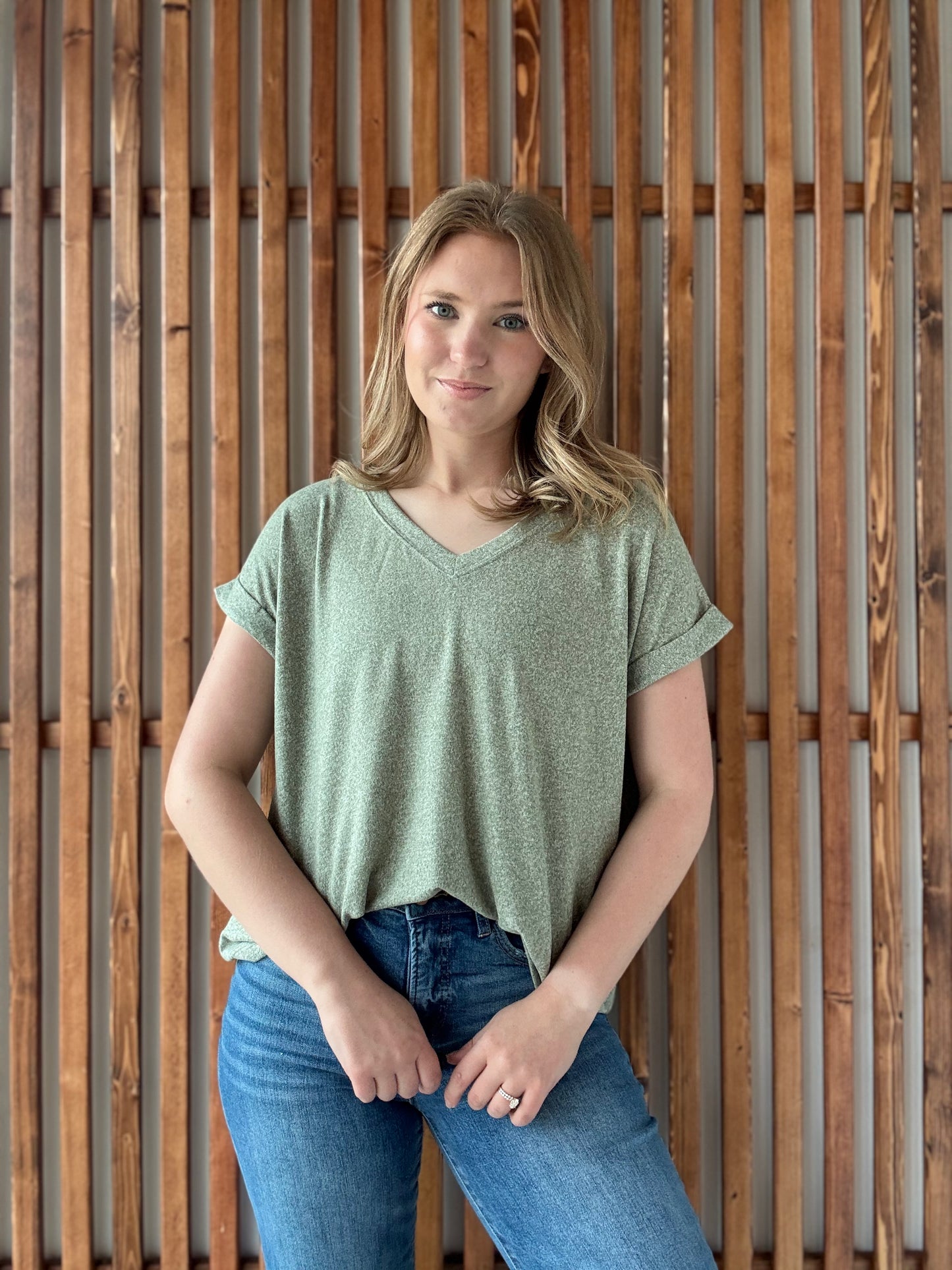Soft Melange Hacci V-Neck Tee - Light Olive