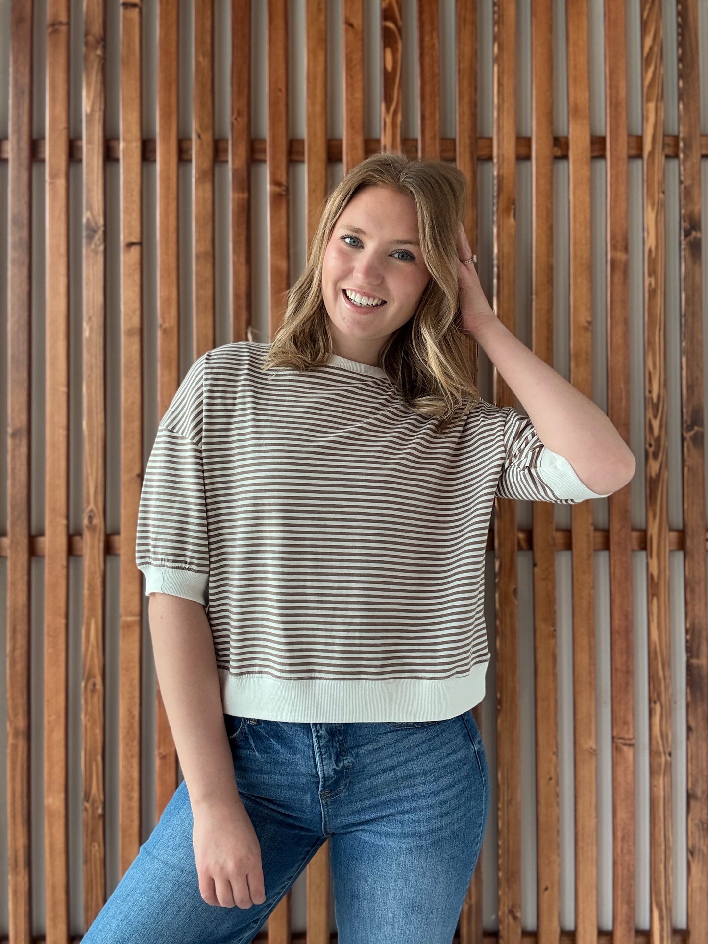 Striped Contrast Trim Rib Banded Top - Mocha