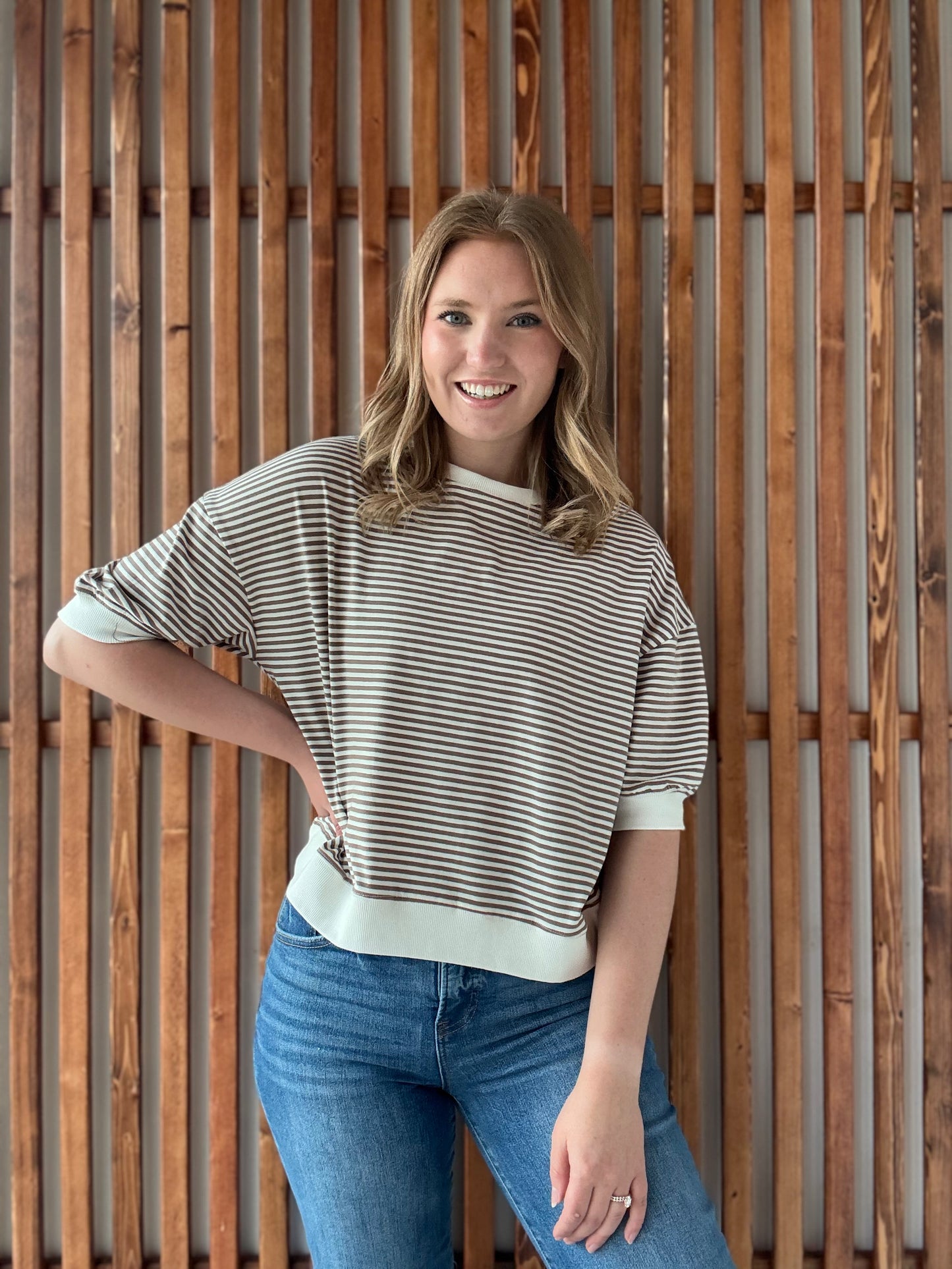Striped Contrast Trim Rib Banded Top - Mocha