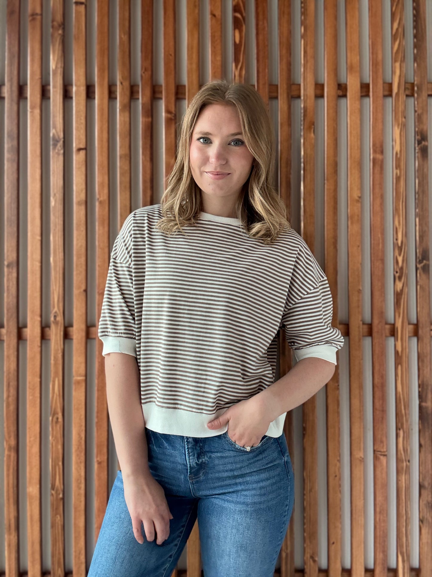Striped Contrast Trim Rib Banded Top - Mocha