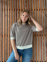 Striped Contrast Trim Rib Banded Top - Brown