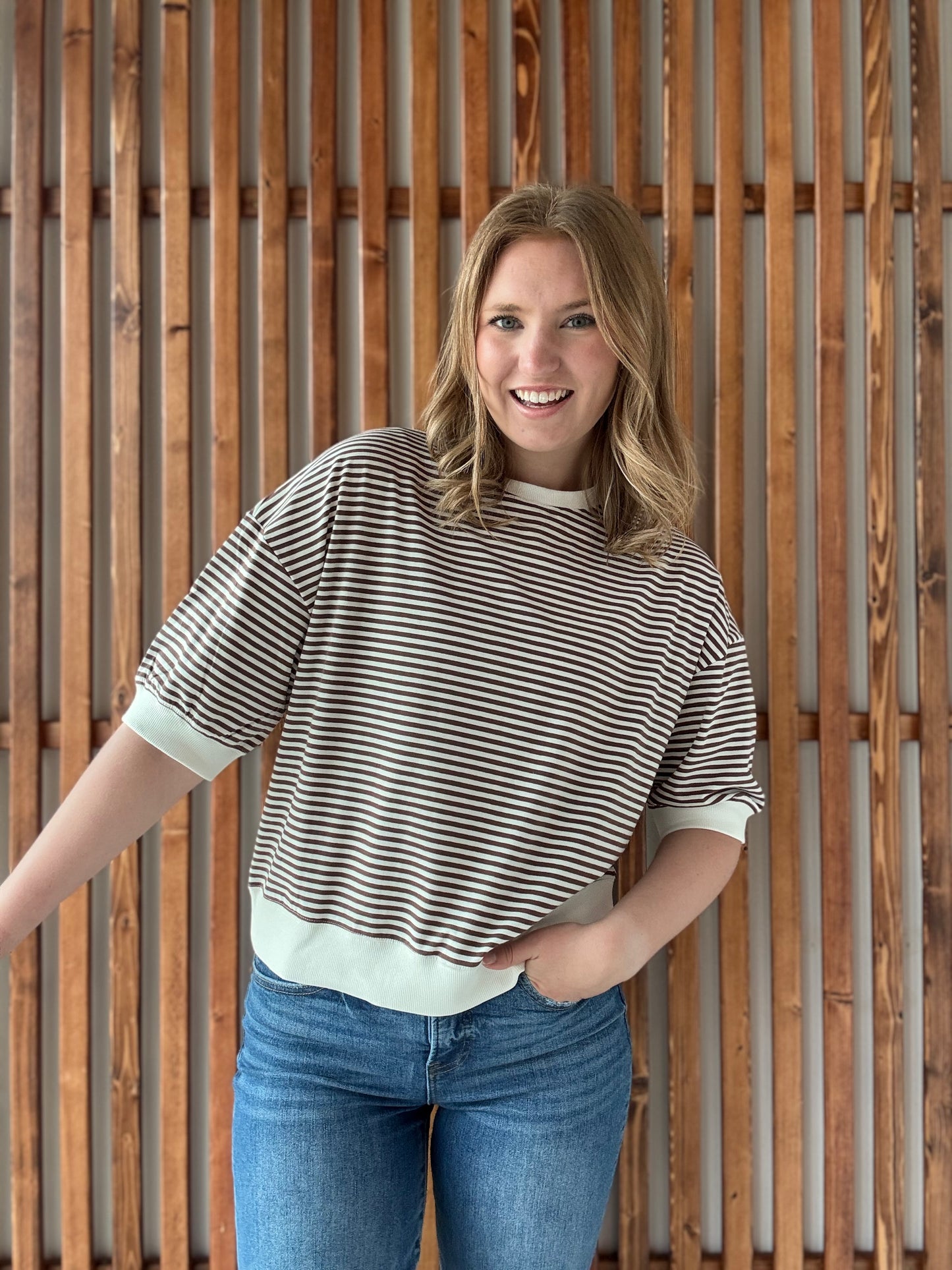 Striped Contrast Trim Rib Banded Top - Brown