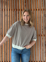 Striped Contrast Trim Rib Banded Top - Brown