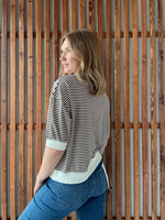 Striped Contrast Trim Rib Banded Top - Brown