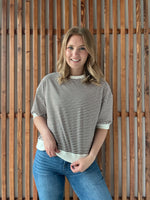 Striped Contrast Trim Rib Banded Top - Brown