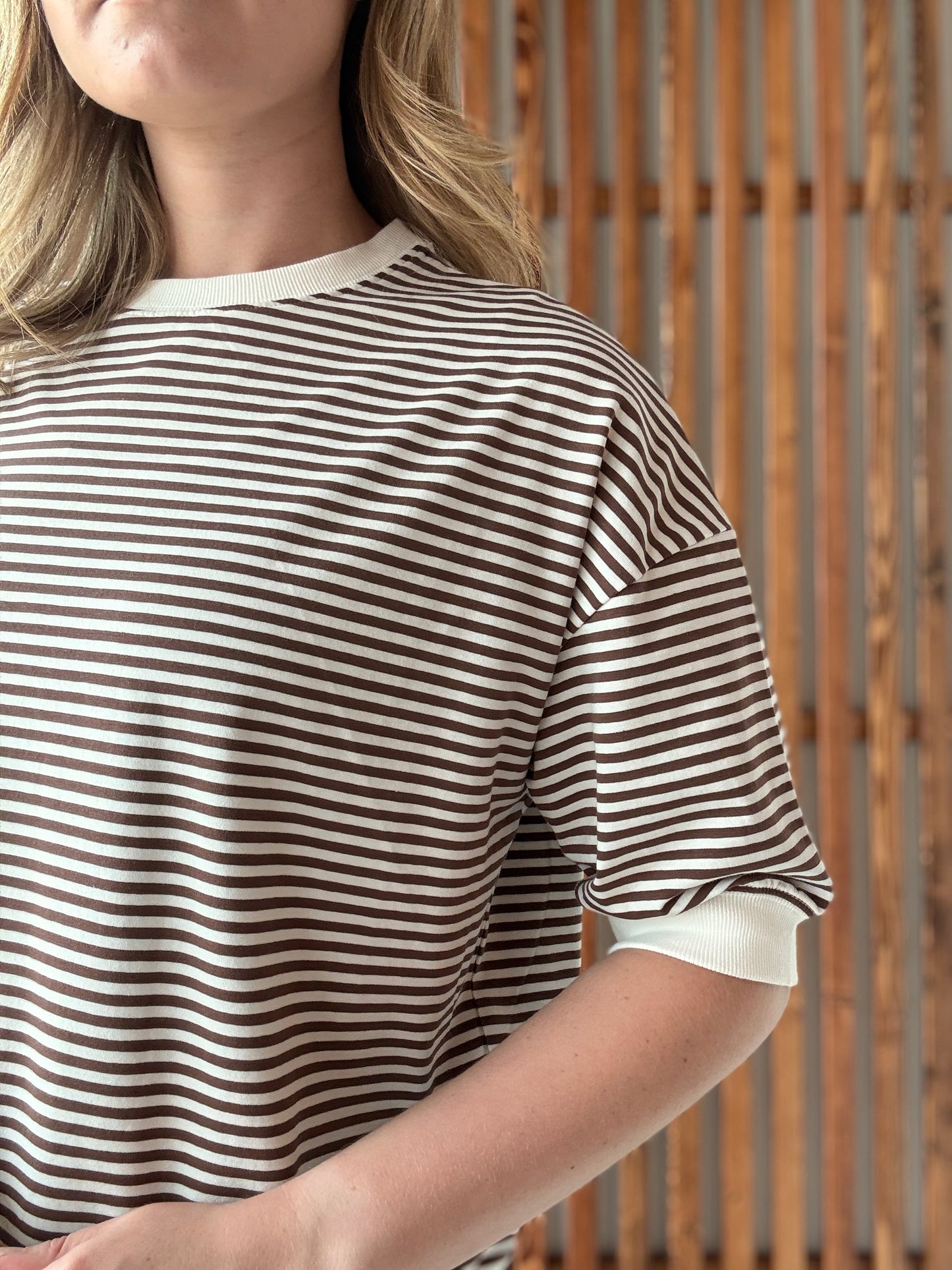 Striped Contrast Trim Rib Banded Top - Brown