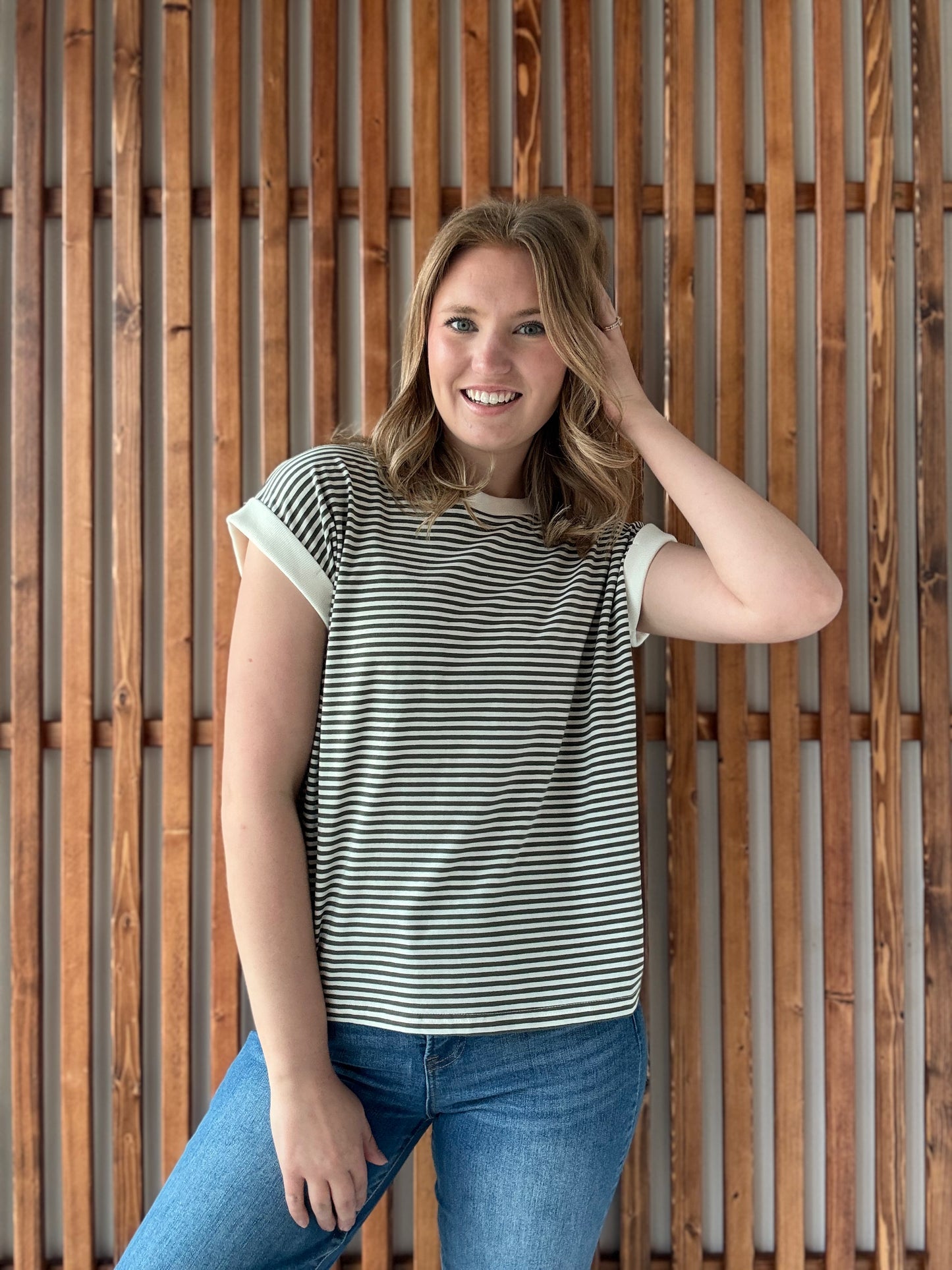 Stripe Contrast Trim Rib Banded Top - Dark Olive