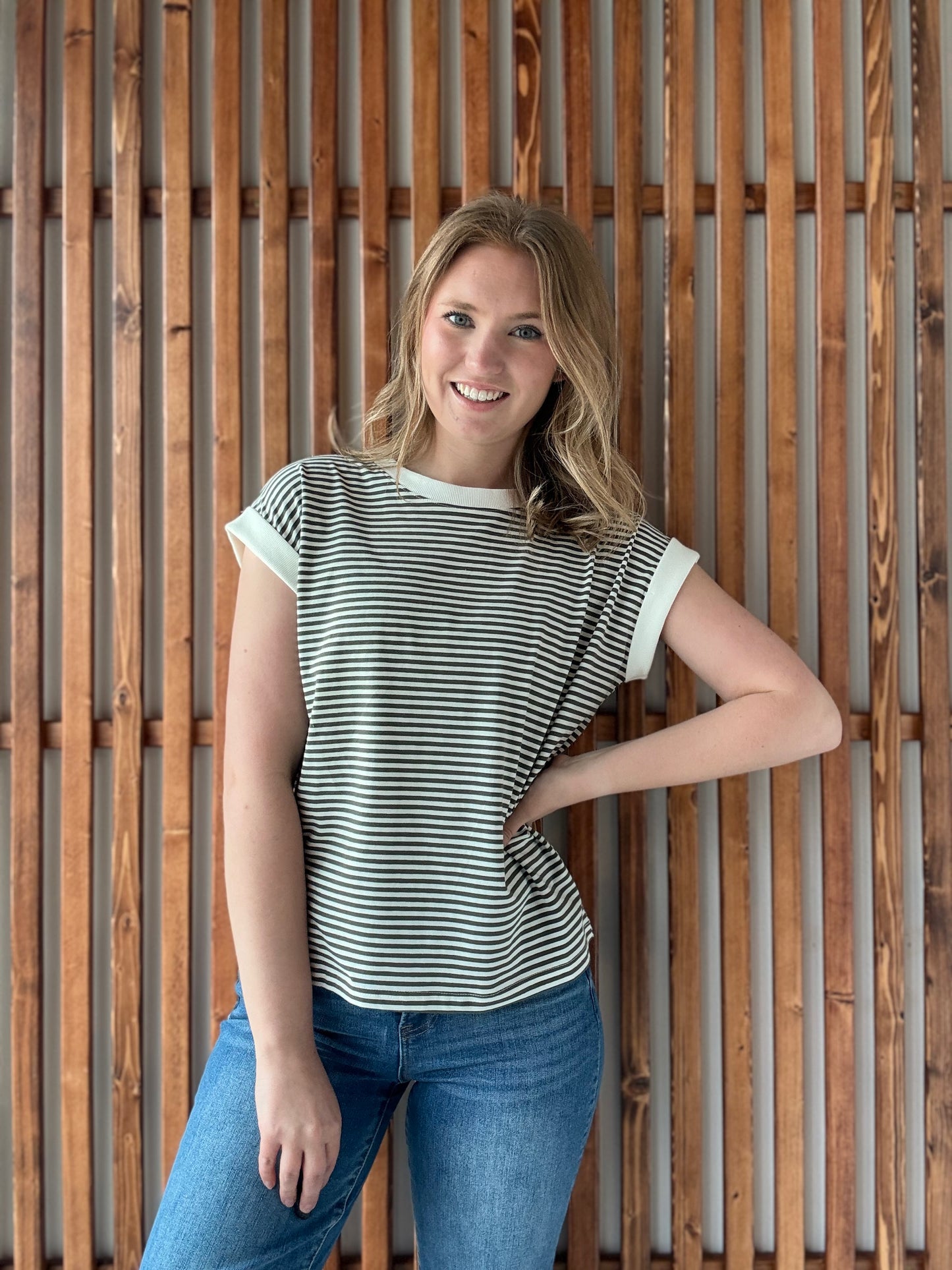 Stripe Contrast Trim Rib Banded Top - Dark Olive