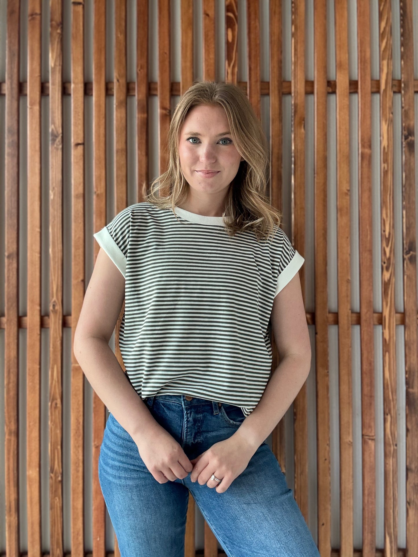 Stripe Contrast Trim Rib Banded Top - Dark Olive