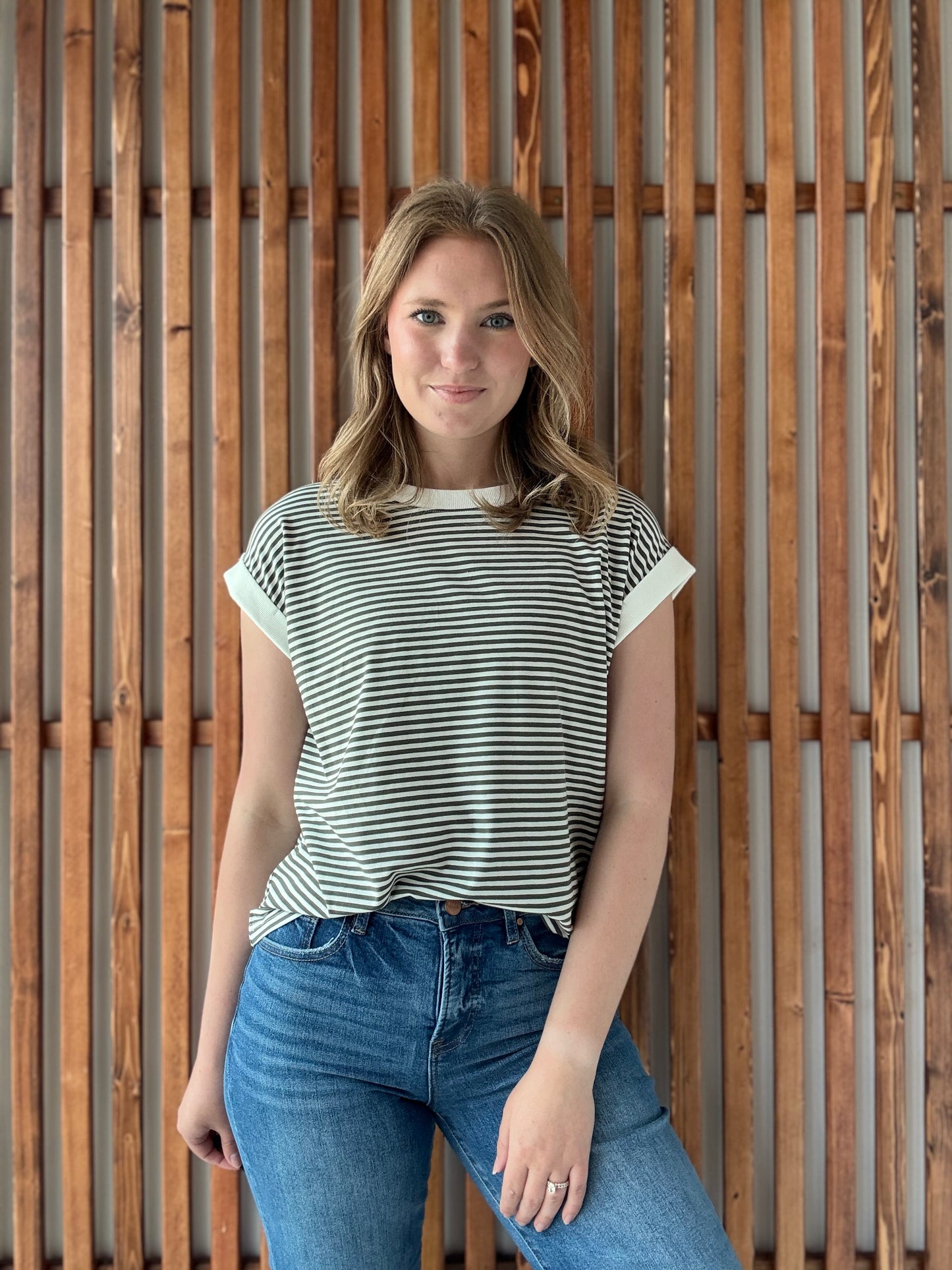 Stripe Contrast Trim Rib Banded Top - Dark Olive