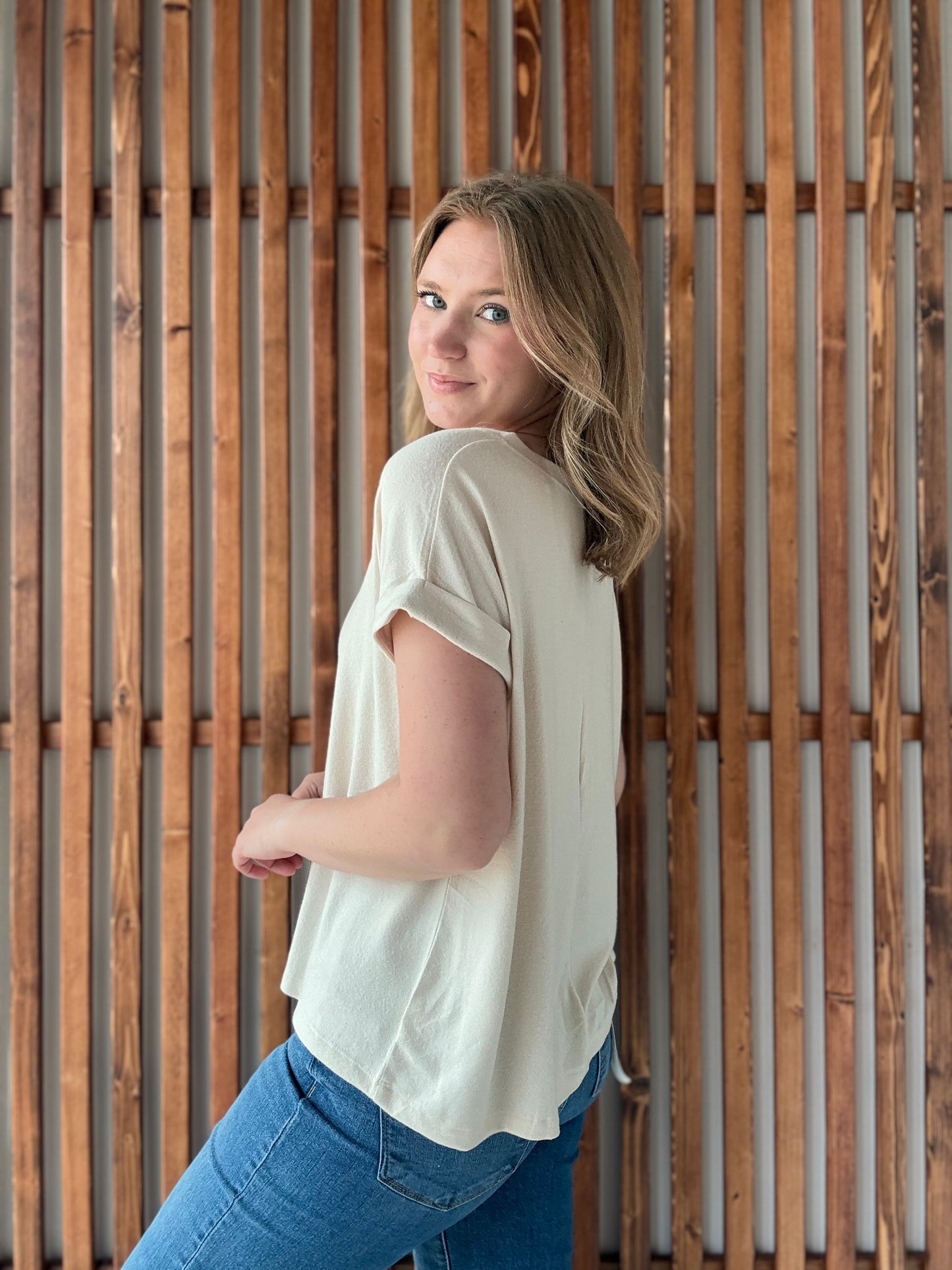 Soft Melange Hacci V-Neck Tee - Sand Beige