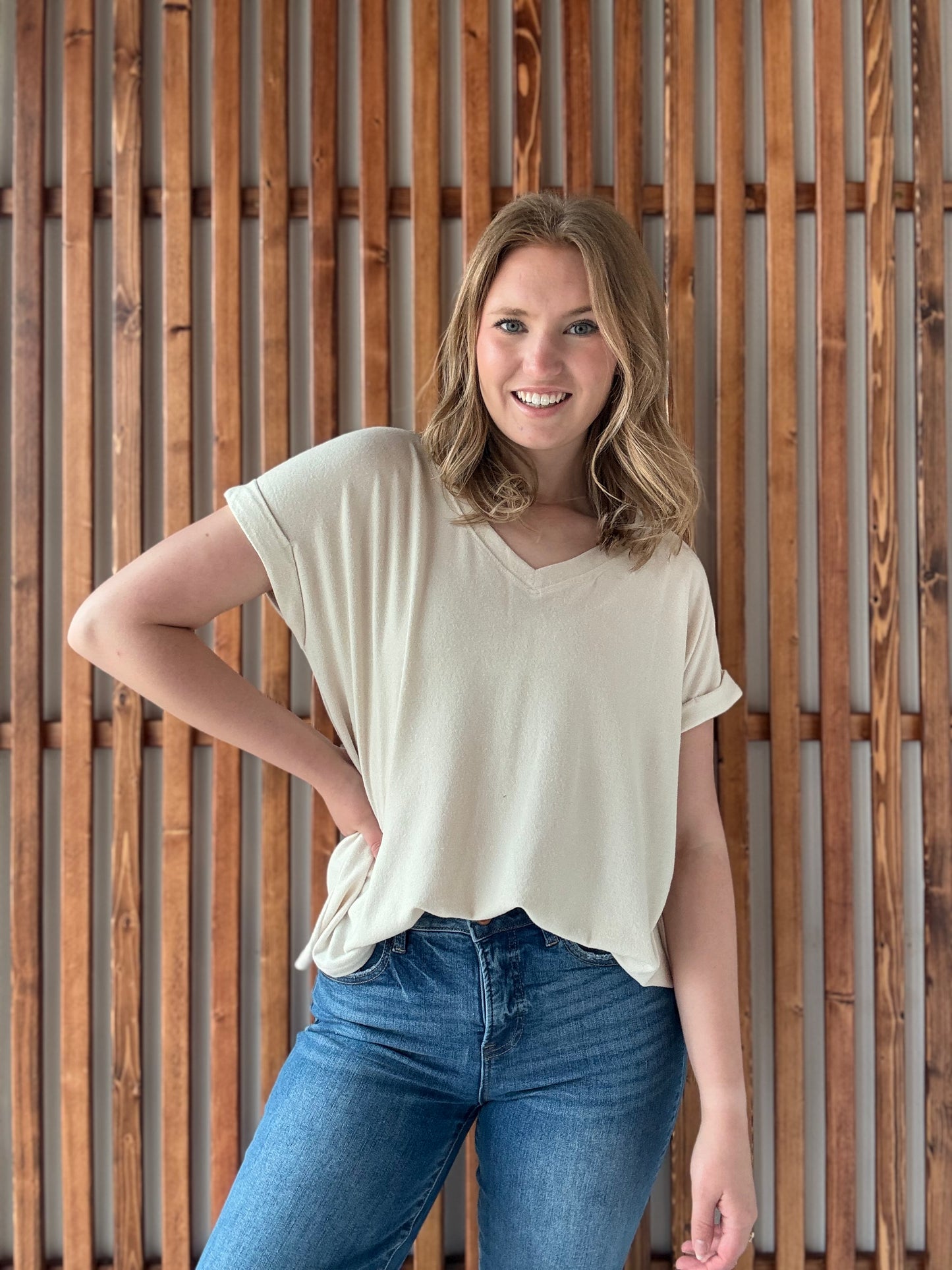 Soft Melange Hacci V-Neck Tee - Sand Beige