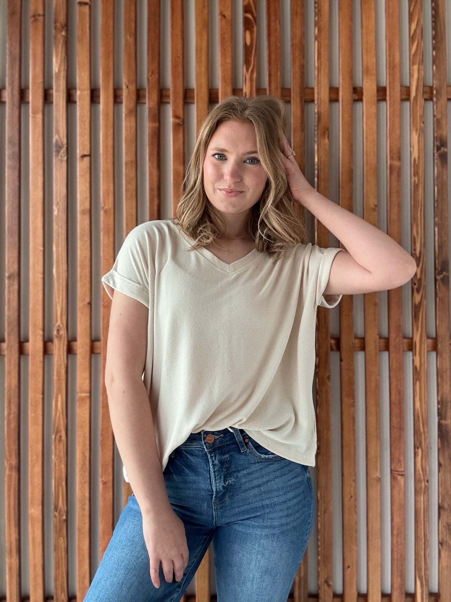 Soft Melange Hacci V-Neck Tee - Sand Beige