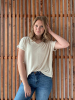 Soft Melange Hacci V-Neck Tee - Sand Beige