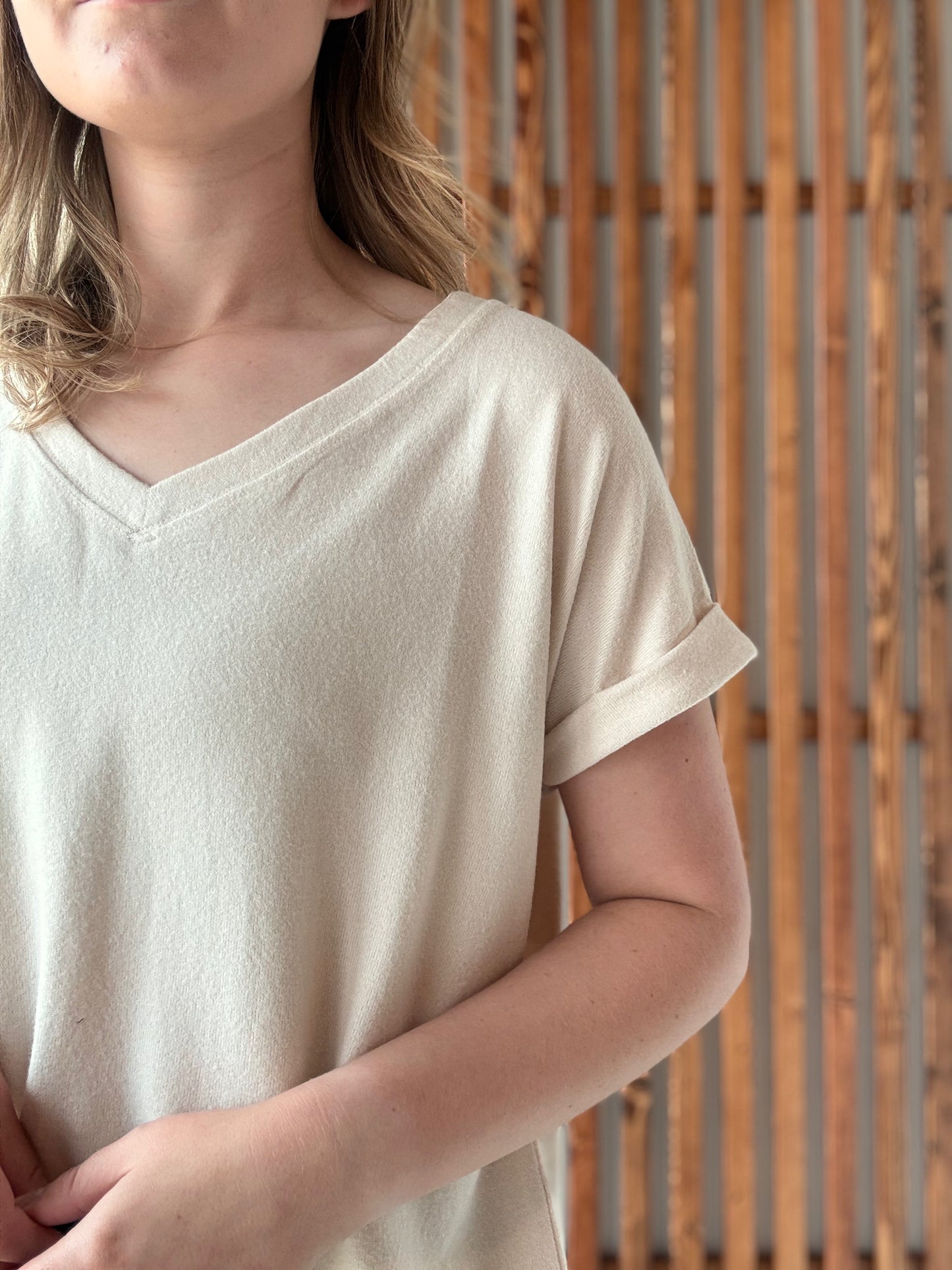 Soft Melange Hacci V-Neck Tee - Sand Beige