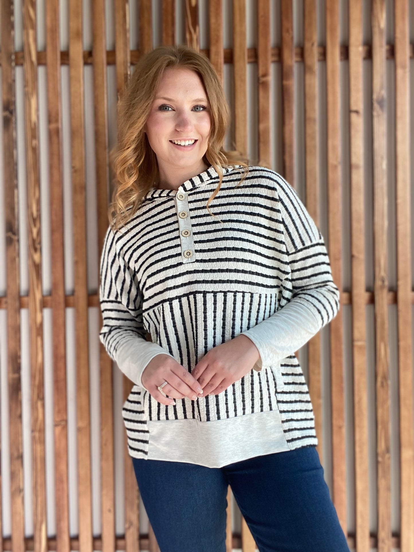 Long Sleeve Stripe/Solid Contrast Hoodie Top