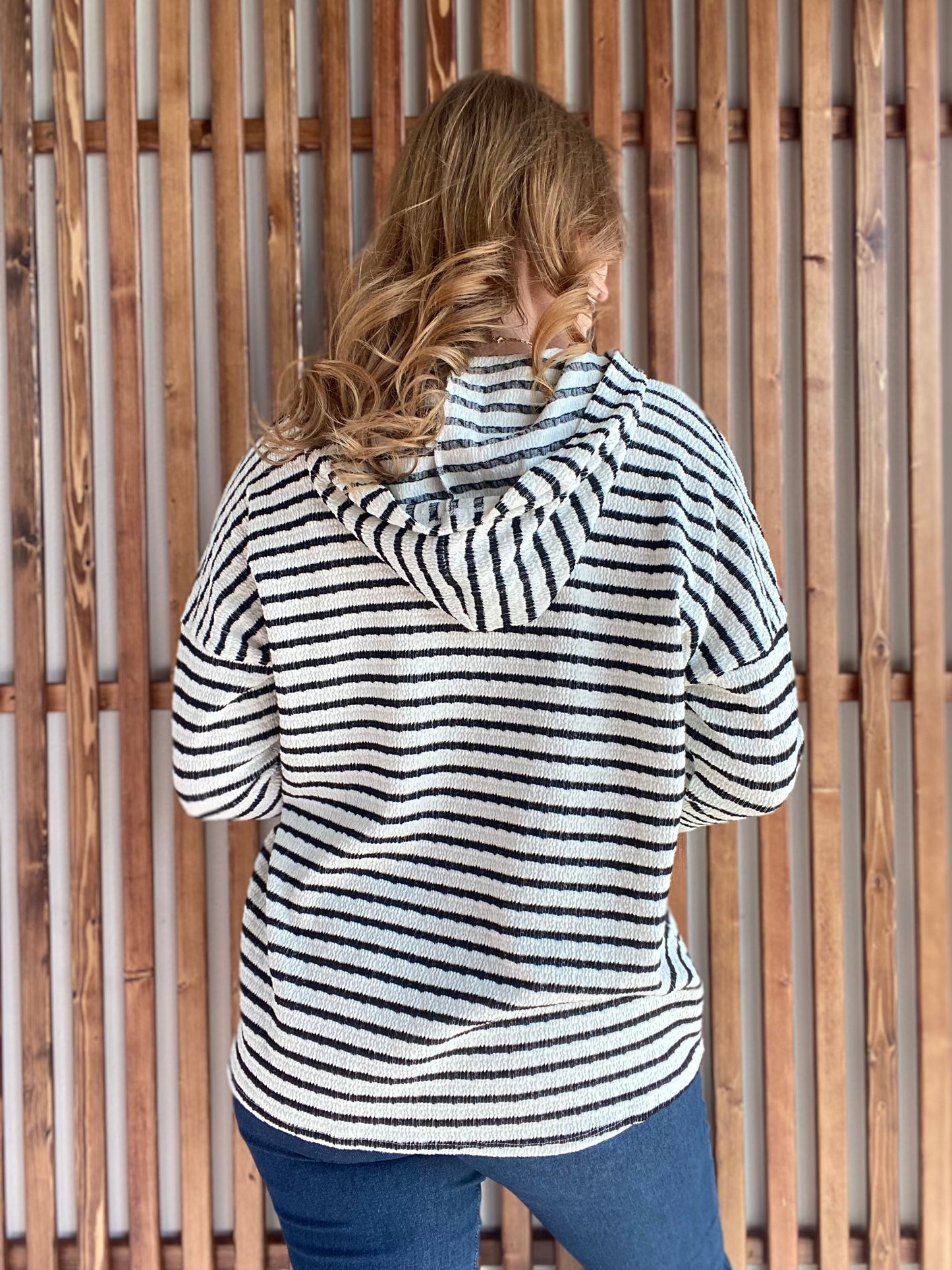 Long Sleeve Stripe/Solid Contrast Hoodie Top