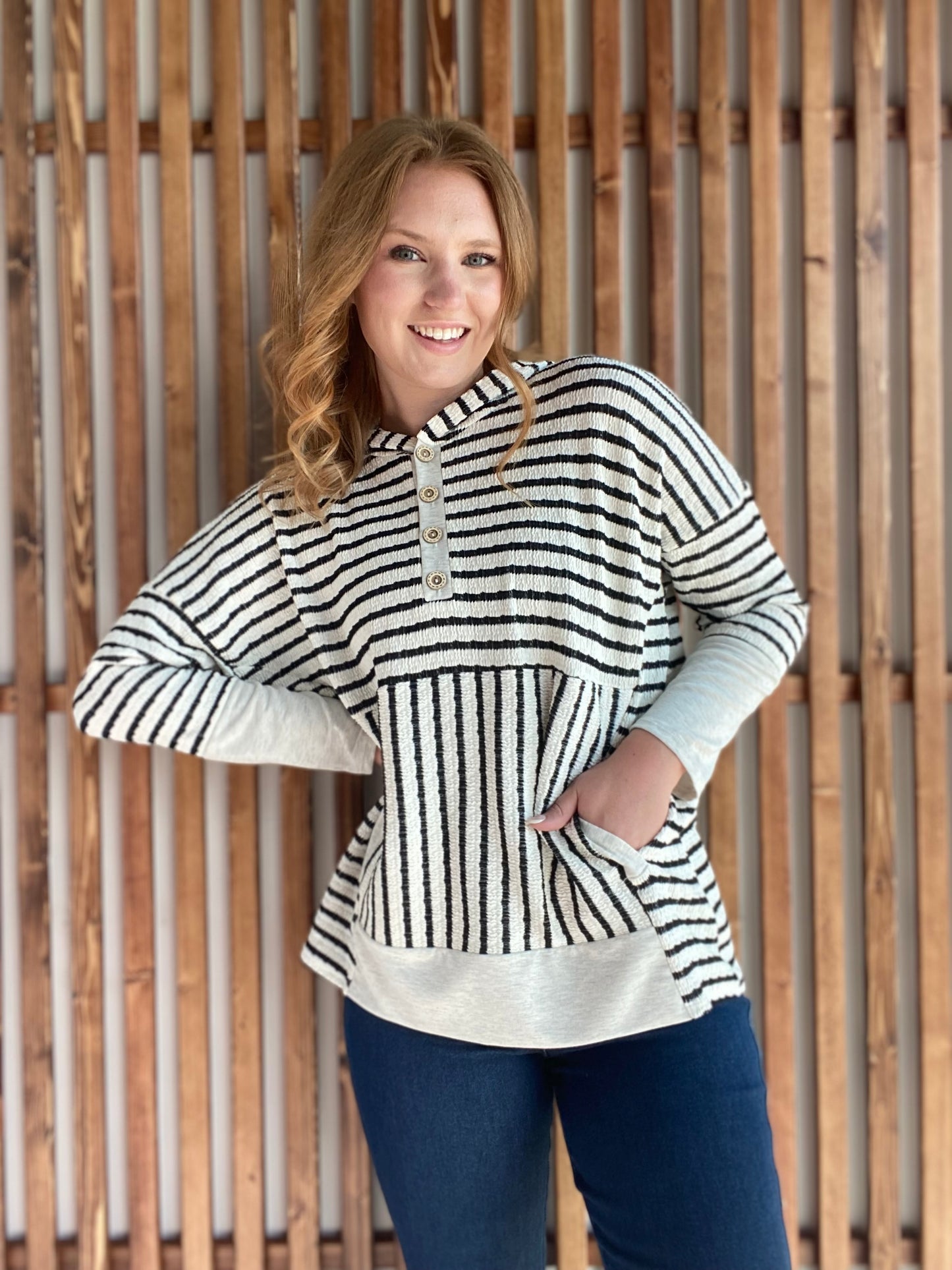 Long Sleeve Stripe/Solid Contrast Hoodie Top