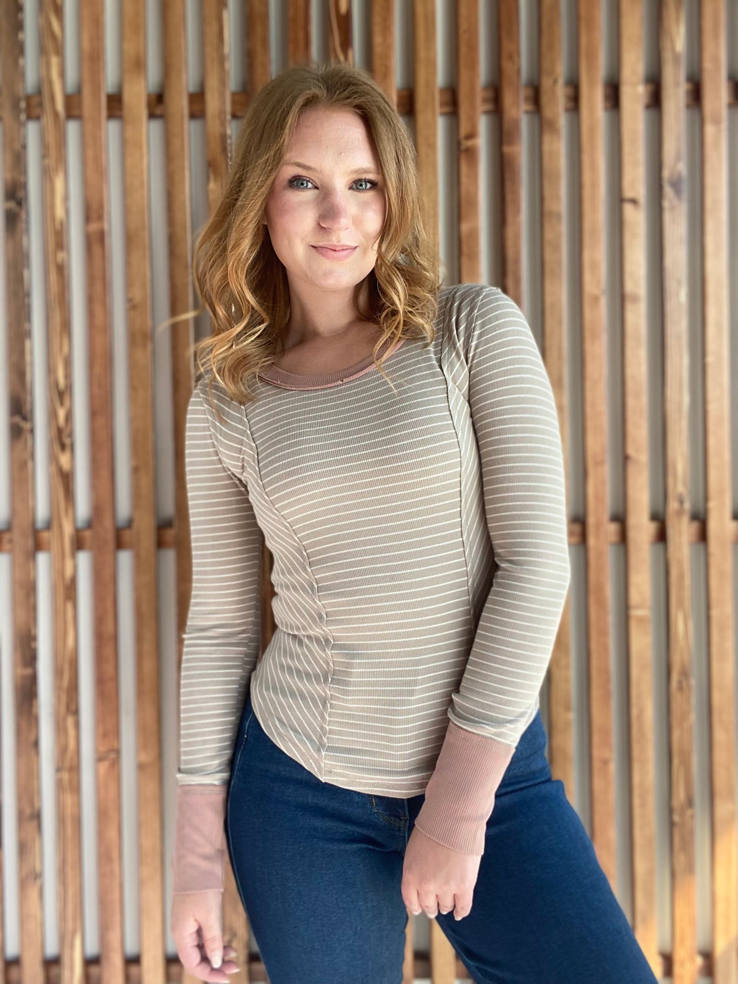 Boat Neck Rib Stripe Long Sleeve