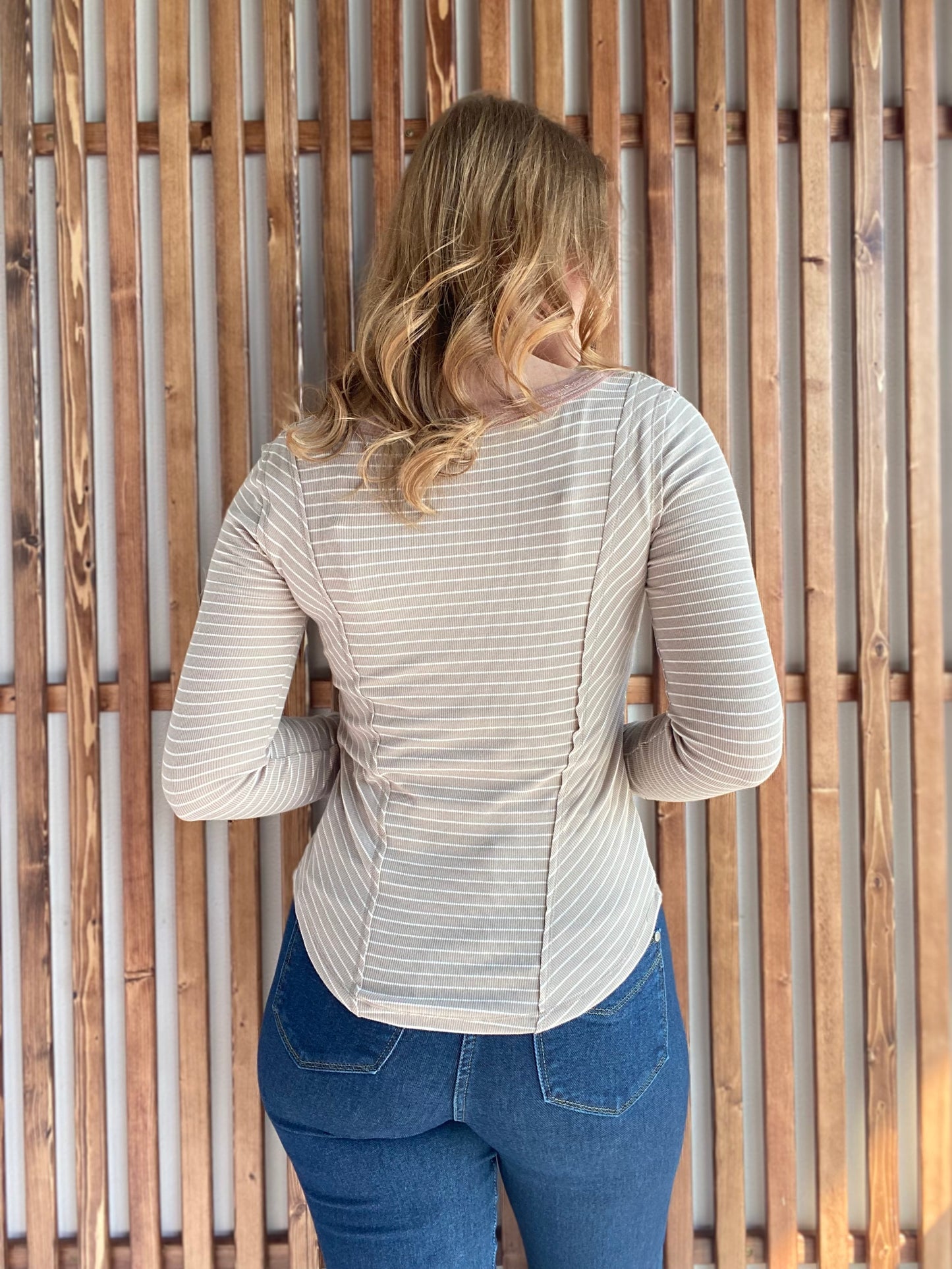 Boat Neck Rib Stripe Long Sleeve