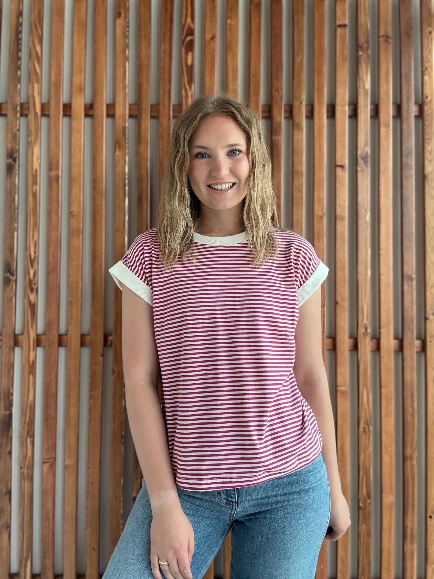Stripe Contrast Trim Rib Banded Top - Magenta
