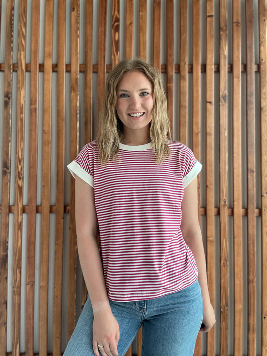 Stripe Contrast Trim Rib Banded Top - Magenta