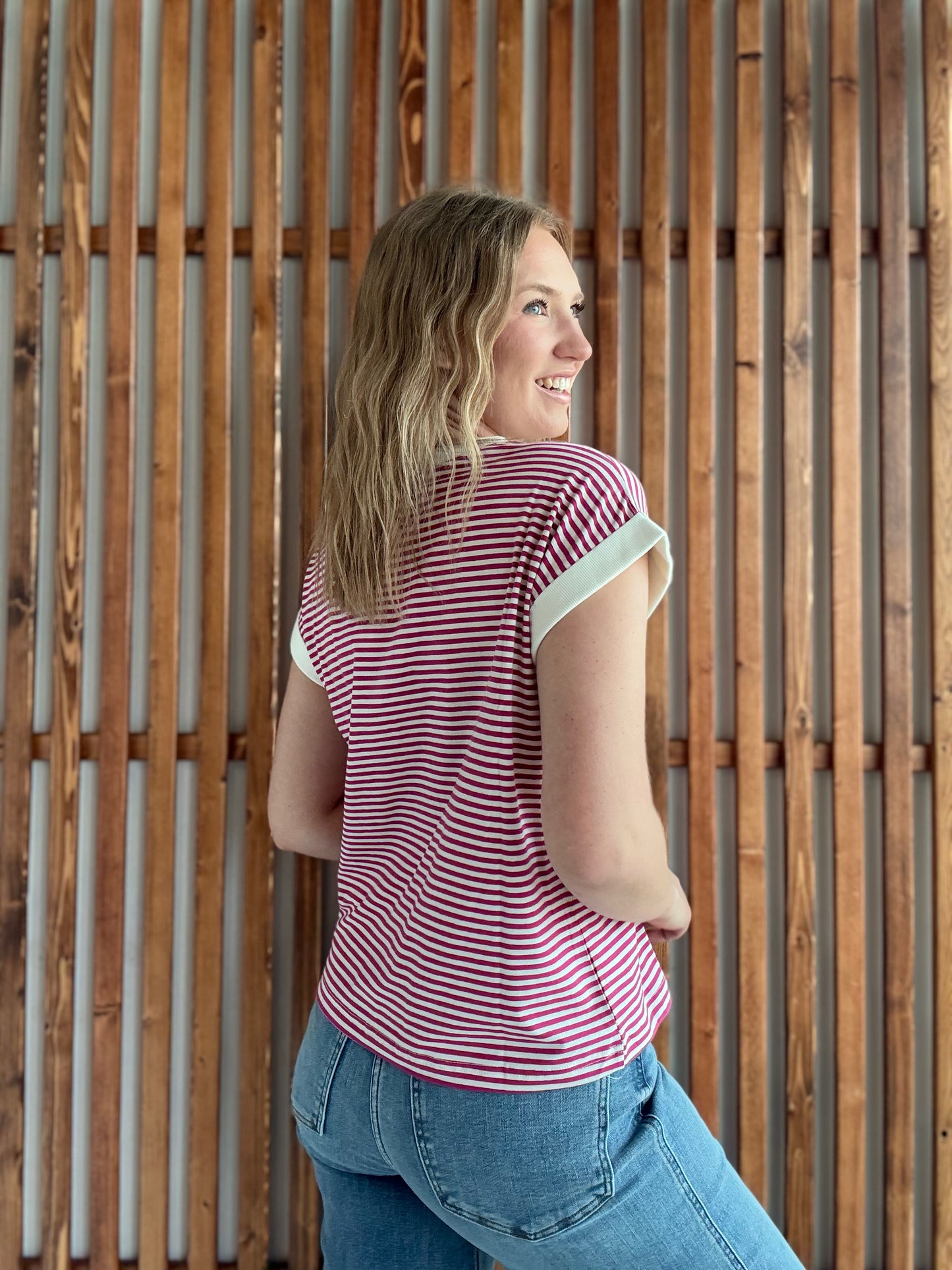 Stripe Contrast Trim Rib Banded Top - Magenta