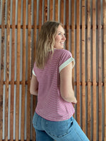 Stripe Contrast Trim Rib Banded Top - Magenta
