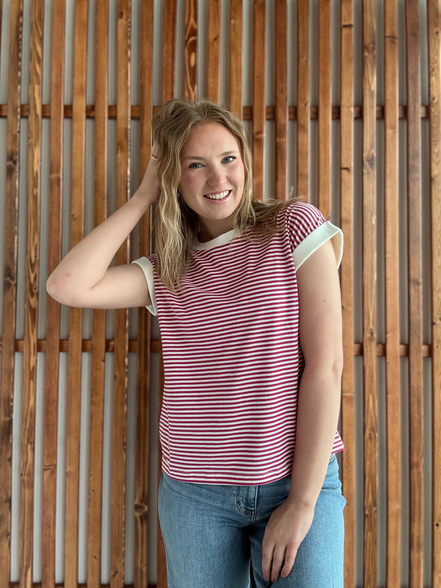 Stripe Contrast Trim Rib Banded Top - Magenta