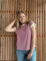 Stripe Contrast Trim Rib Banded Top - Magenta