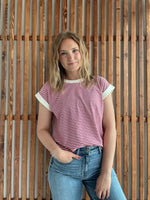 Stripe Contrast Trim Rib Banded Top - Magenta