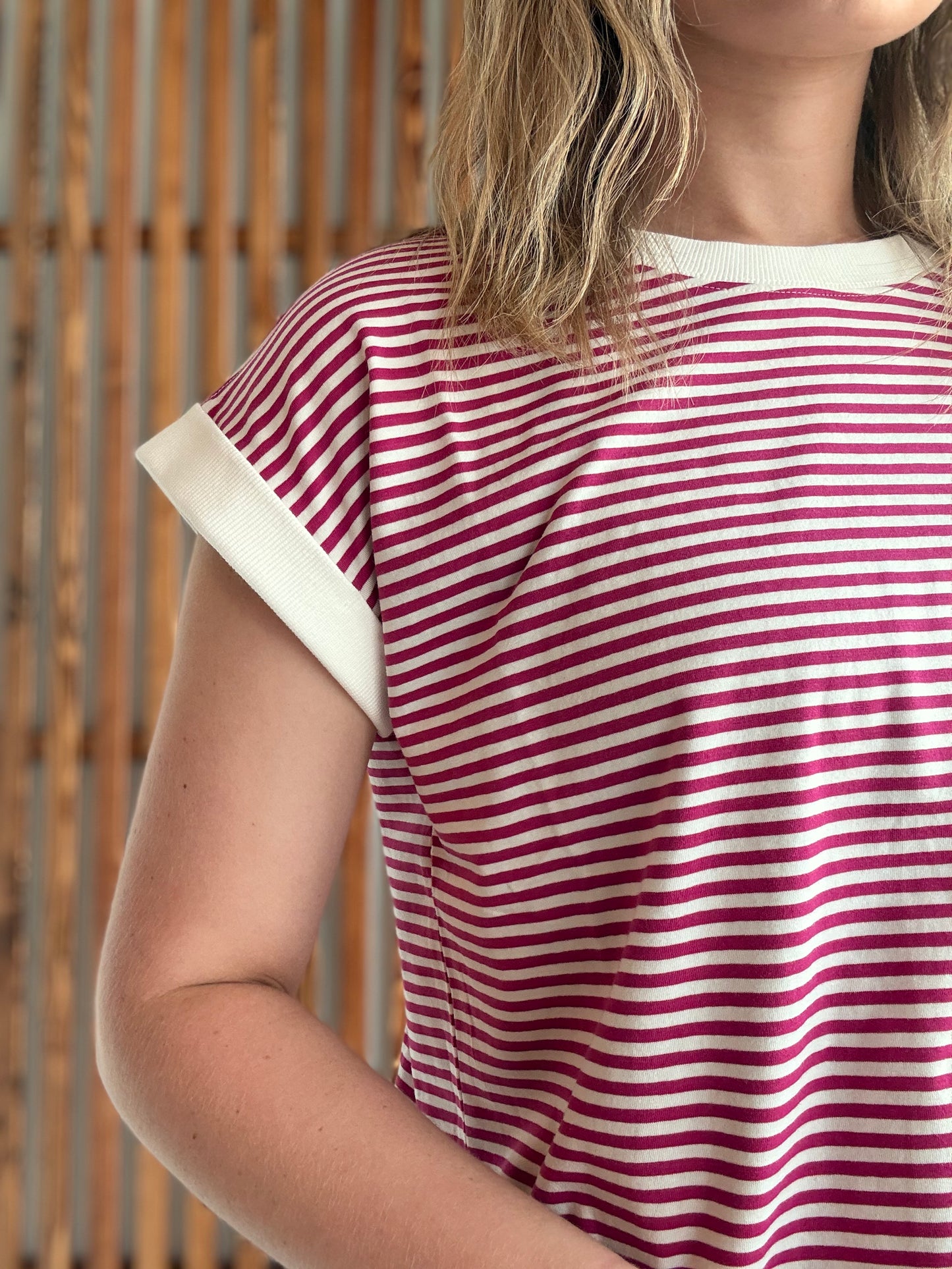 Stripe Contrast Trim Rib Banded Top - Magenta