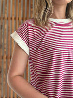 Stripe Contrast Trim Rib Banded Top - Magenta