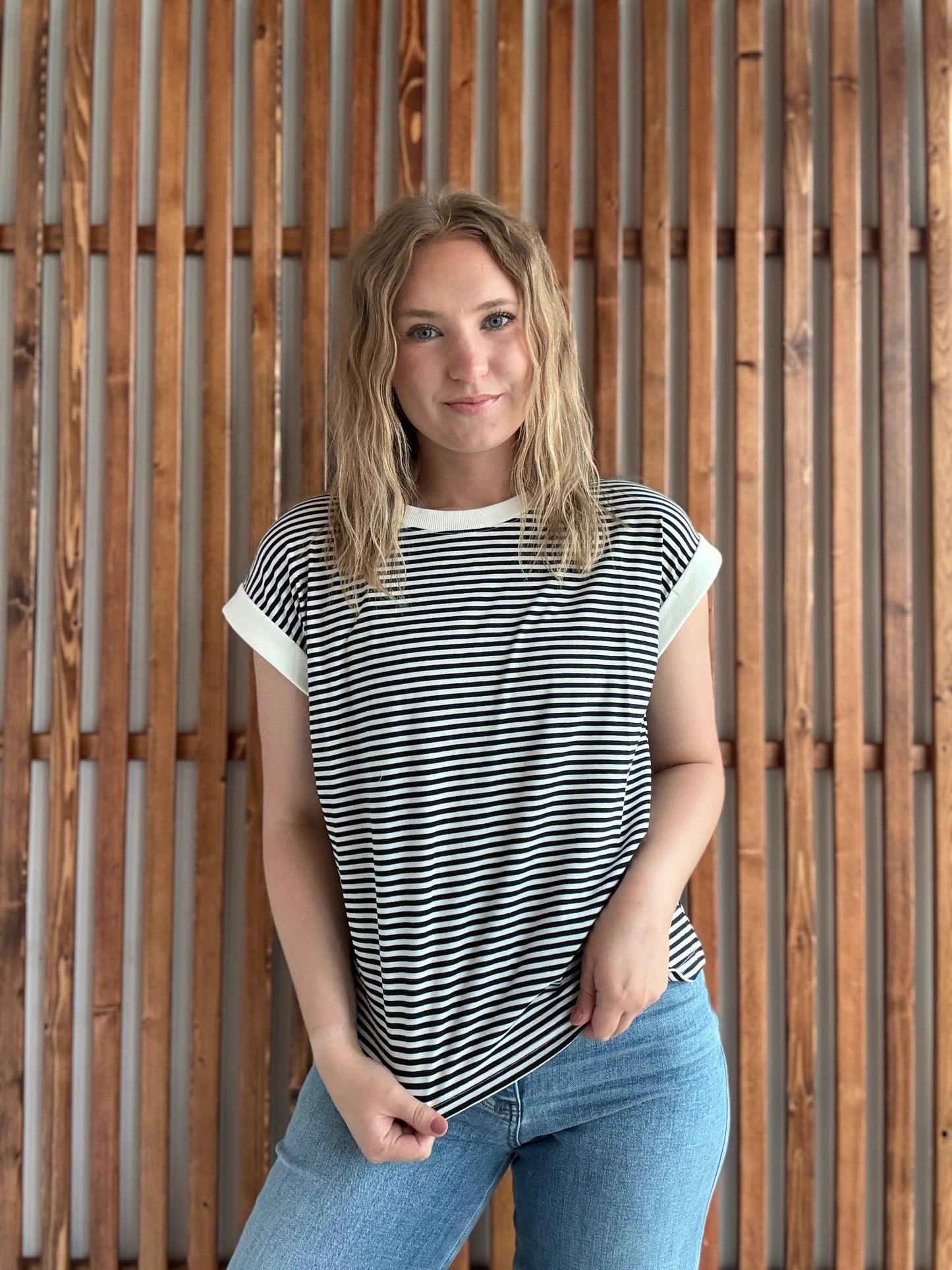 Stripe Contrast Trim Rib Banded Top - Black
