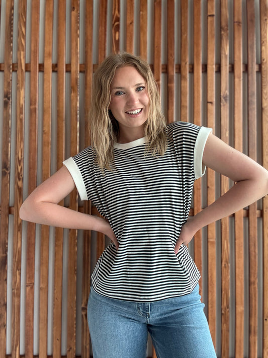 Stripe Contrast Trim Rib Banded Top - Black