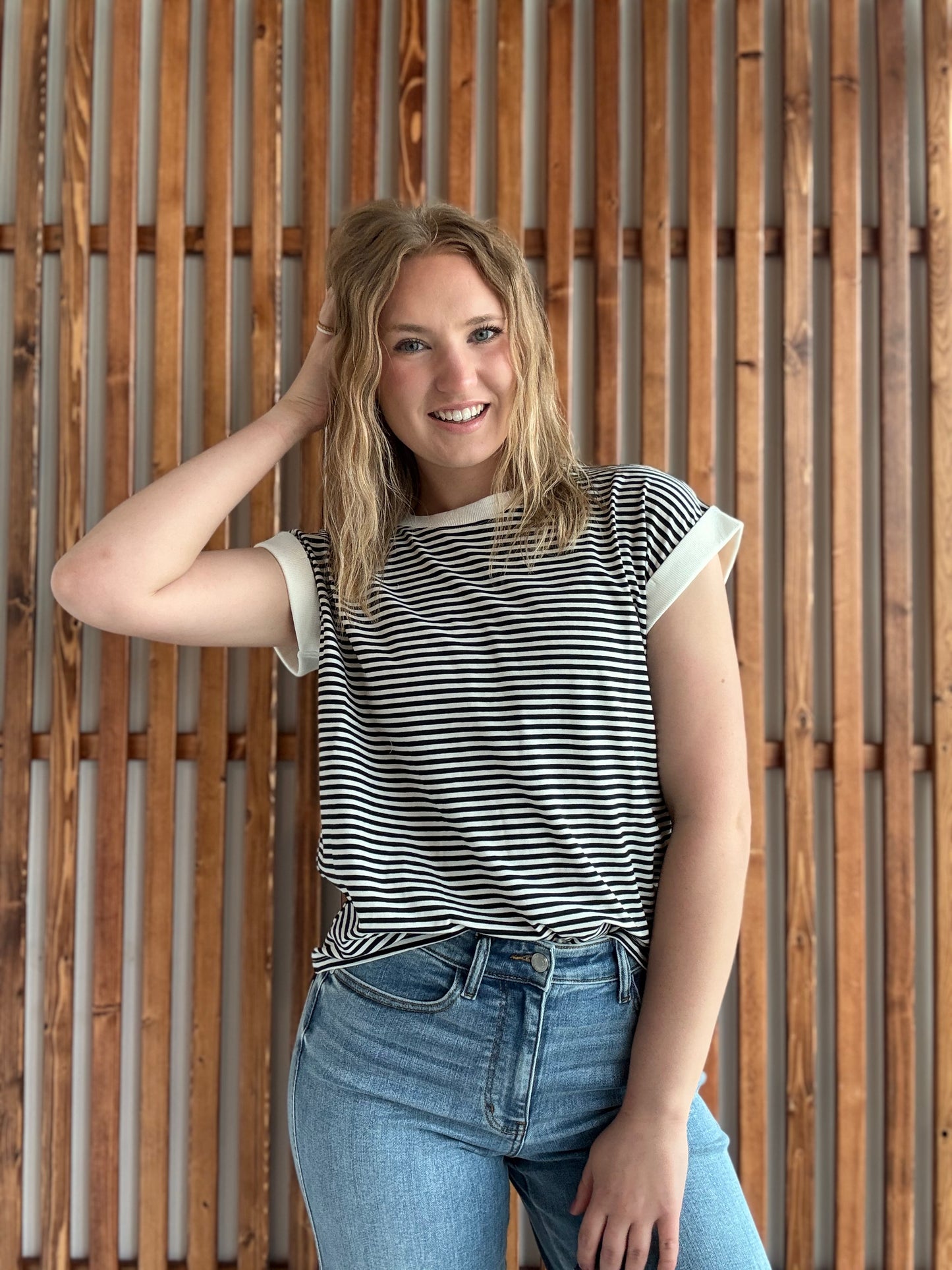 Stripe Contrast Trim Rib Banded Top - Black