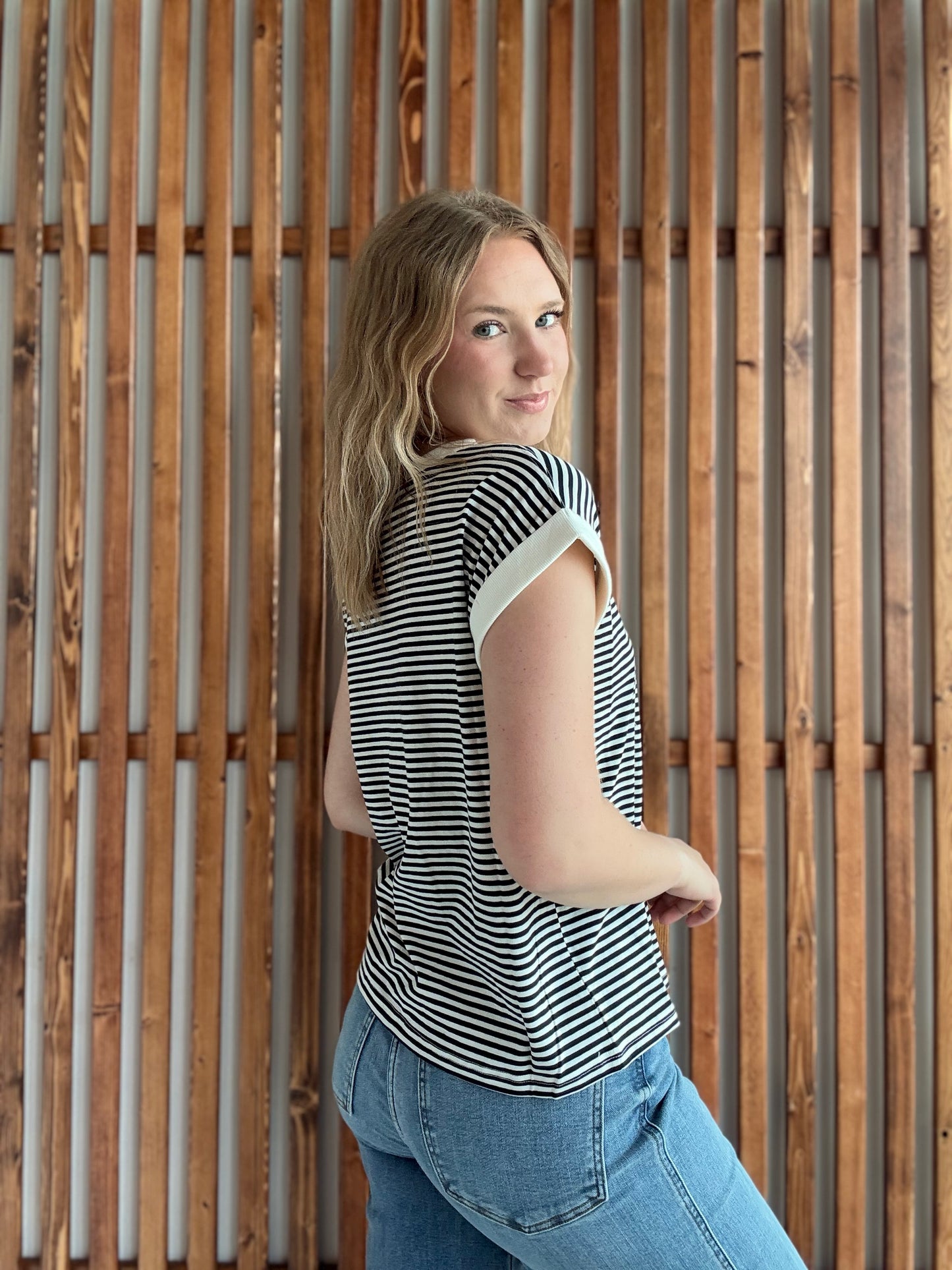 Stripe Contrast Trim Rib Banded Top - Black