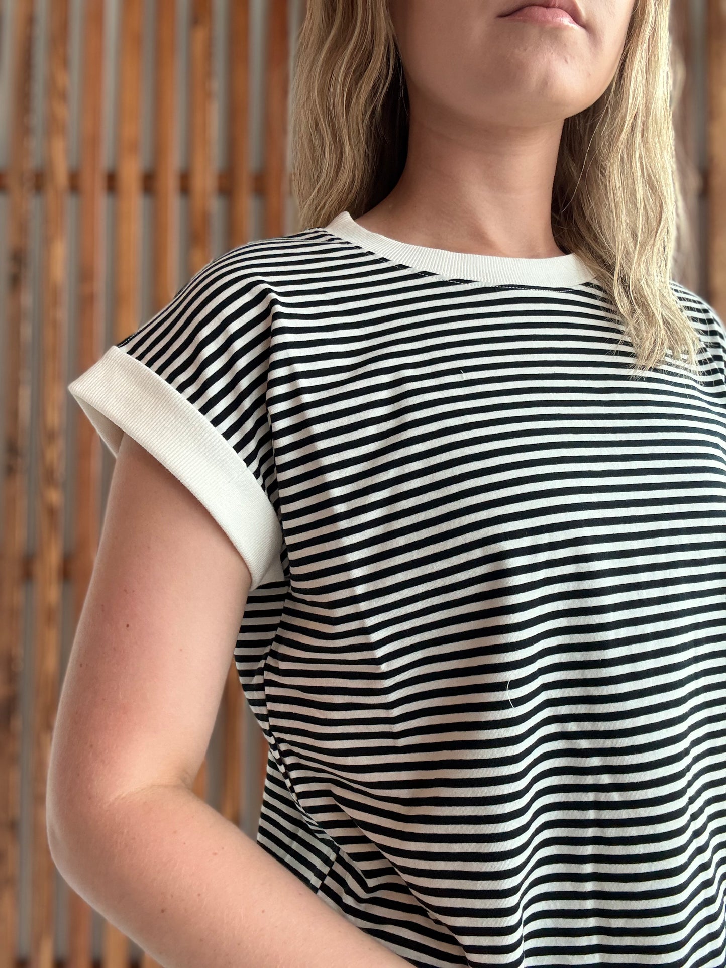 Stripe Contrast Trim Rib Banded Top - Black