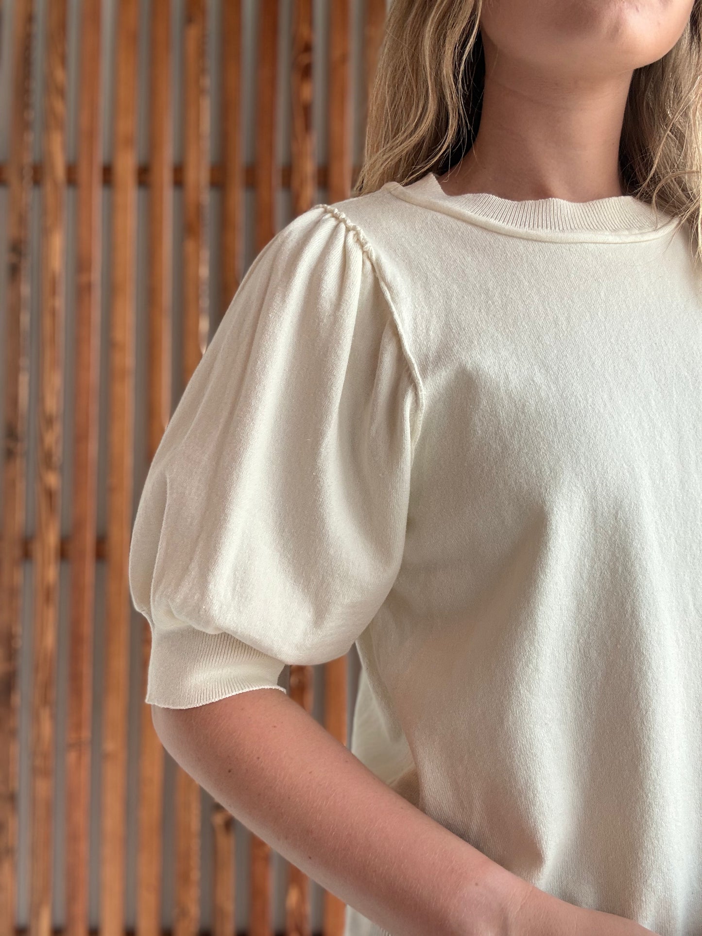 Easel Short Puff Sleeve Knitted Top - Ivory