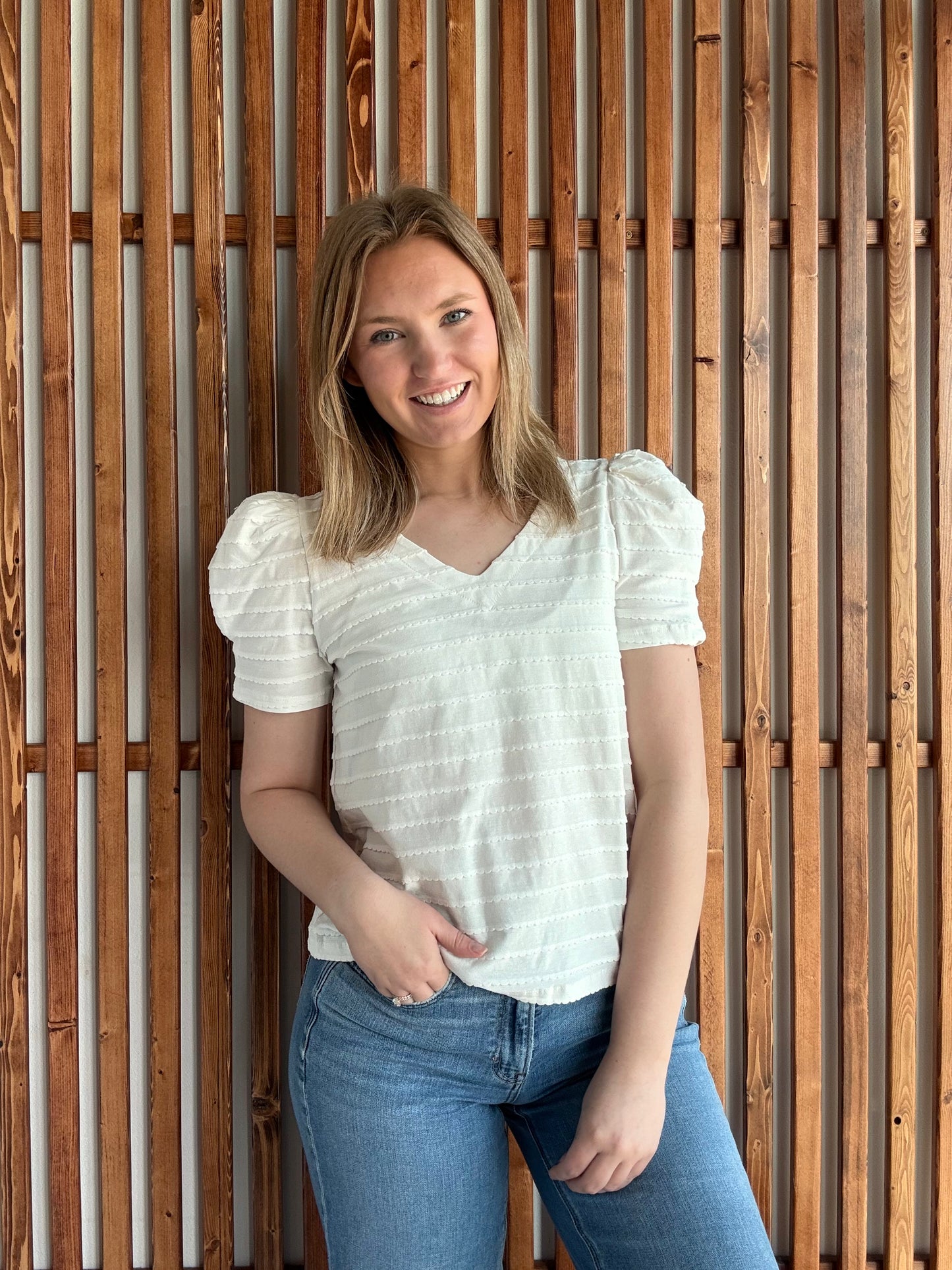 Textured Stripe Pleated Puff Short Sleeve Top - Off White