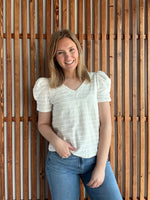 Textured Stripe Pleated Puff Short Sleeve Top - Off White