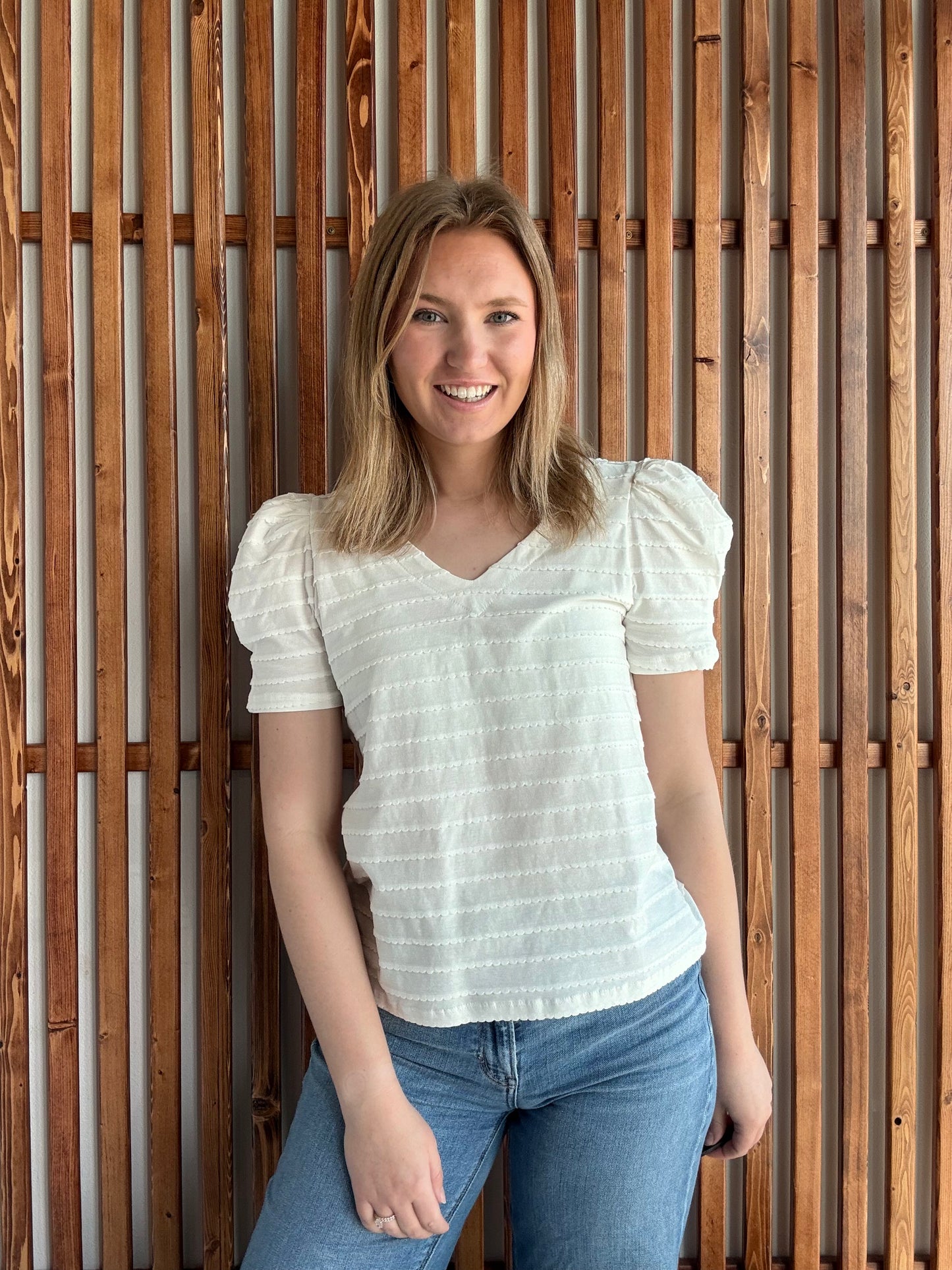 Textured Stripe Pleated Puff Short Sleeve Top - Off White